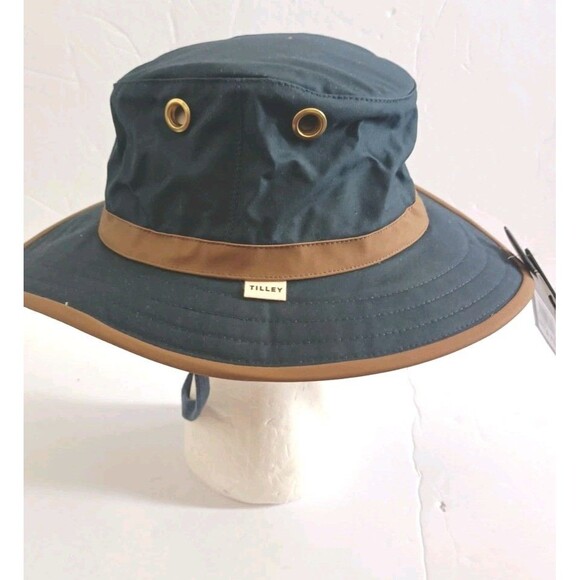 Tilley Waxed Cotton Outback Bucket Hat Sz Large Navy Blue Brim Crusher Cap TWC7 - Picture 2 of 13
